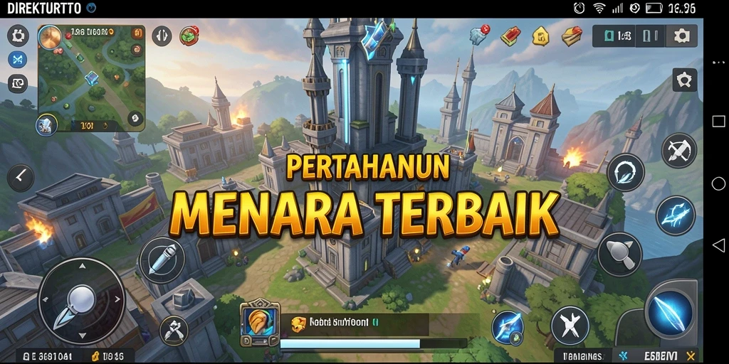 Screenshot gameplay menampilkan menara dan musuh dalam pertempuran.