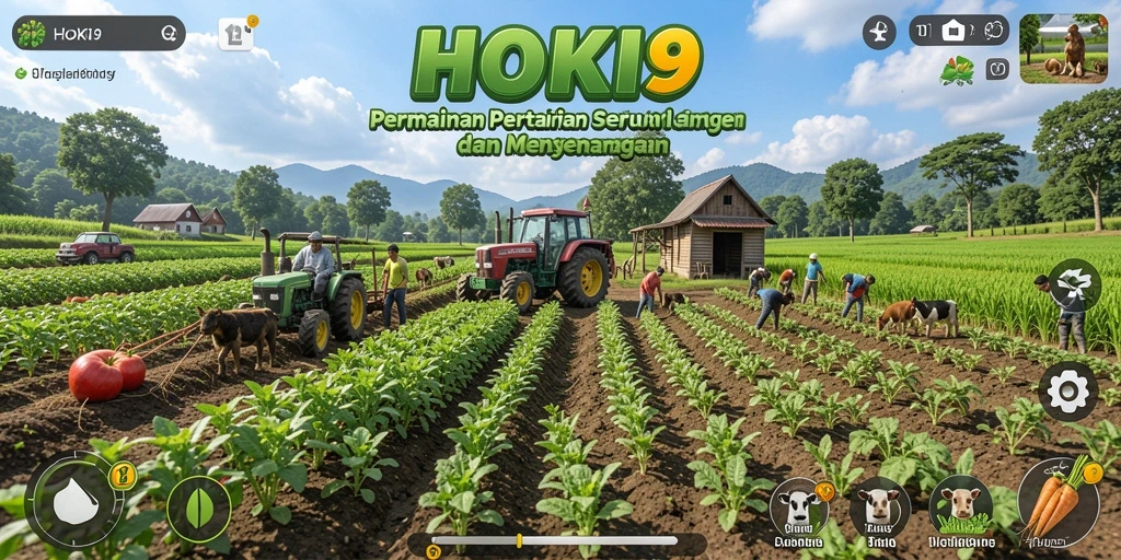 Screenshot permainan HOKI9 menampilkan ladang penuh tanaman dan hewan.