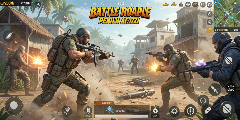 Screenshot gameplay P200M yang menampilkan aksi Battle Royale yang mendebarkan.